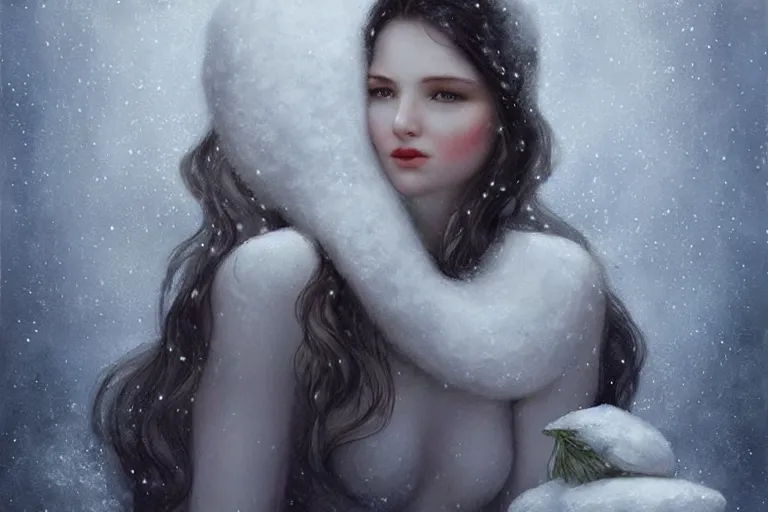 Prompt: a beautiful woman made out of snow and ice sitting by a campfire and slowly melting, by monia merlot and tom bagshaw