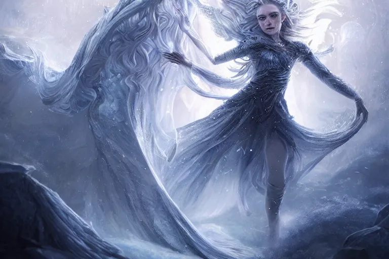 Prompt: Majestic beautiful young female ice goddess!! running from being corrupted by fire, intricate, epic, elegant, menacing, fantasy, highly detailed, digital painting, hard focus, beautiful volumetric lighting, epic light, ultra detailed, souls, smoke, icicle, frozen by Leesha Hannigan, Ross Tran, Thierry Doizon, Kai Carpenter, Ignacio Fernández Ríos