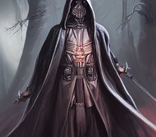 Image similar to ww 1 sith sorcerer, hooded cloaked sith lord, full head shot, covet death, full character concept art, highly detailed matte painting intricately beautiful, intricately detailed by dom qwek by darren bartley