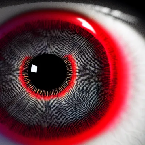 Image similar to a detailed extremely close up of inside the iris, cornea, red image, microscopic, extremely close up drawing by junji ito, cgsociety, generative art, lovecraftian, parallax, cosmic horror, extremely detailed, hyperrealism, unreal engine, octane render, award winning, masterpiece, highly detailed, realistic, 4 k, digital