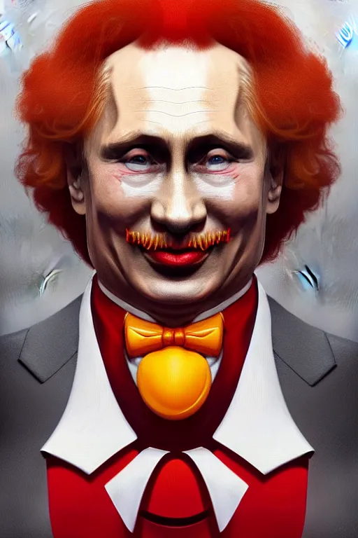 Image similar to vladimir putin as ronald mcdonald, 2 d portrait, symmetrical, highly detailed, digital painting, artstation, concept art, smooth, sharp focus, illustration, cinematic lighting, art by artgerm and greg rutkowski and alphonse mucha