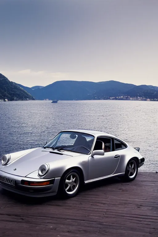 Image similar to Photo of a silver Porsche 911 Carrera 3.2 parked on a dock in Lake Como in the background, daylight, dramatic lighting, award winning, highly detailed, 1980s Versace ad, cinestill 800t, fine art print, best selling.