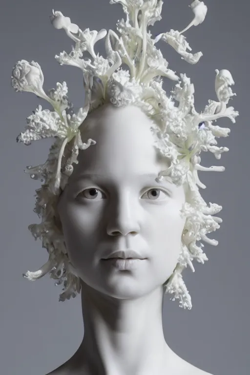 Prompt: full head and shoulders, beautiful female porcelain sculpture by daniel arsham and james jean, smooth, all white features on a white background, delicate facial features, white eyes, white lashes, detailed tangled white lillies and lillie leaves on the head, volumetric lighting
