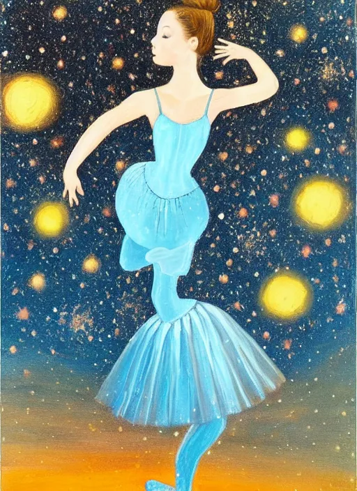 Image similar to ballerina in a dress looking at a starry sky, galaxy, beautiful, painting, highly detailed, soft light