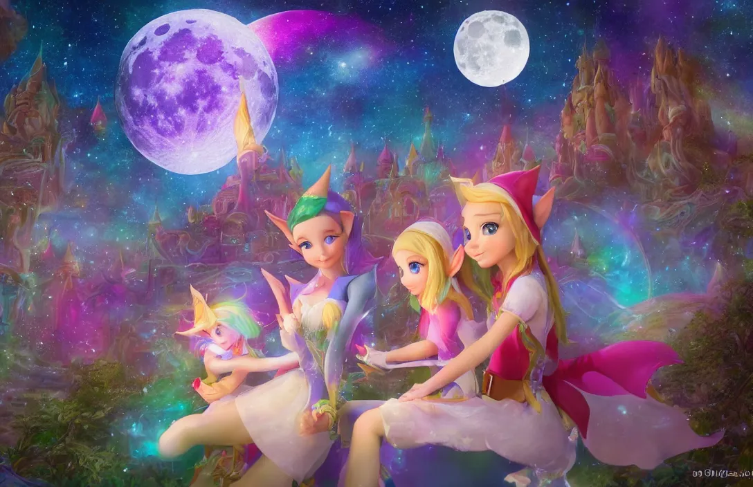 Prompt: two beautiful elf girls on a first date in the astral disneyland realm, holding each other, in the background is the astral disneyland resort, with a colorful universe behind it, the moon of disney spirits shines overhead, festive atmosphere, epic fantasy, ultra hd render, + 4 k uhd + very crisp and clear image, artstation, romantic, style of final fantasy