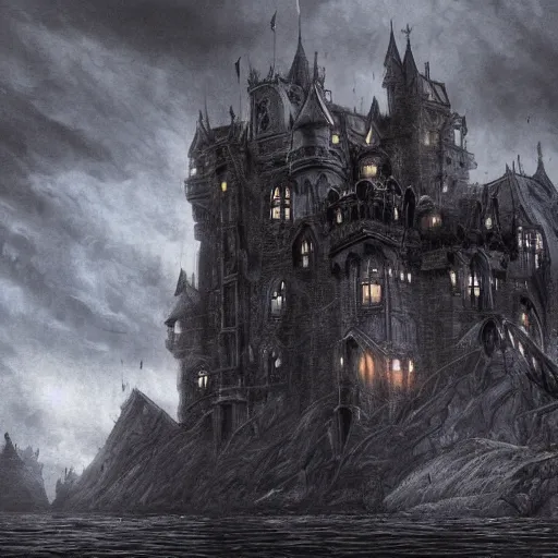 Prompt: a gigantic tall towering surreal elaborate dark gothic stone castle built over a lake at midnight with a second upside-down castle looming in the clouds above it, illustration by Ayami Kojima, dramatic lighting, concept art, hyperdetailed, 4k