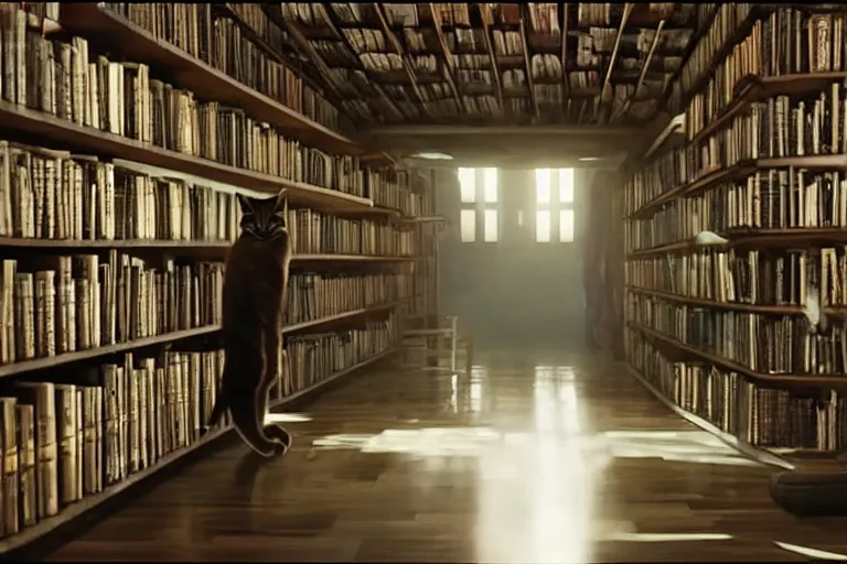 Prompt: futuristic VFX movie of a cat walking through a wizards magic underground library study lair, natural lighting by Emmanuel Lubezki