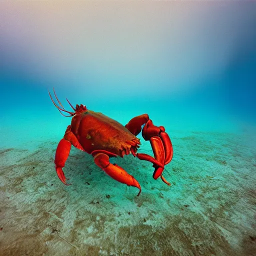 Prompt: film photography of a giant lobster swimming amongst colourful underwater clouds by Kim Keever, low shutter speed, 35mm