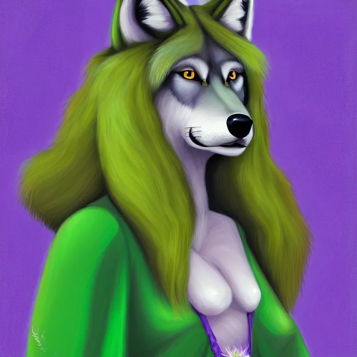 Image similar to a digital painting of an anthropomorphic female wolf fursona with long violet hair wearing a green dress, symmetry, focus, furry, soft lighting, oil on canvas, hyper detailed