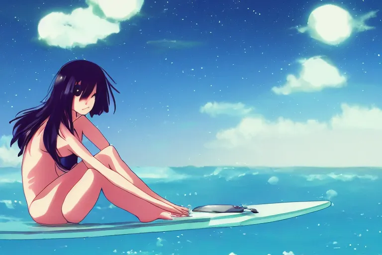 Prompt: anime woman sitting on surf board, tropical island, night time, wide angle, by studio ghibli, yuumei, anime, hazy, foggy, ambient lighting, cottagecore,