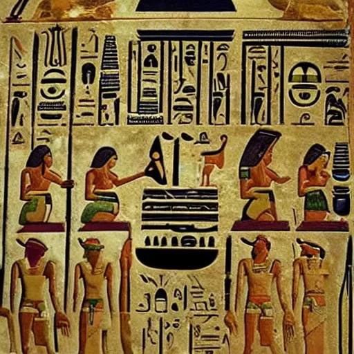 Image similar to Egyptian hieroglyphs telling story of Boba Fett visiting ancient Egypt, museum catalog photo