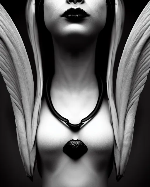 Image similar to surreal mythical dreamy dark artistic black and white fine art photo of a female - orchid - bird - cyborg bust, rim light, cinematic, studio dramatic light, poetic, octane render, 8 k, photo - realistic