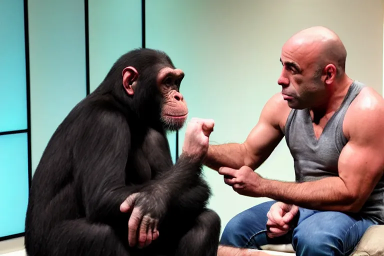 Prompt: A photo of Joe Rogan interviewing a chimpanzee in a studio