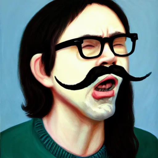 Image similar to An Oil Painting of Rivers Cuomo in a sweater with long hair and a mustache sweating bullets as he imitates The Scream pose in his apartment after seeing kim jong un's nukes falling onto the city, hyperrealistic, extremely realistic, highly realistic, HD Quality, 4k resolution, 8k resolution, Detailed, Very Detailed, Highly Detailed, Extremely Detailed, Intricate Details, Real, Very Real, Oil Painting, Digital Painting, Painting, Trending on Deviantart, Trending on Artstation