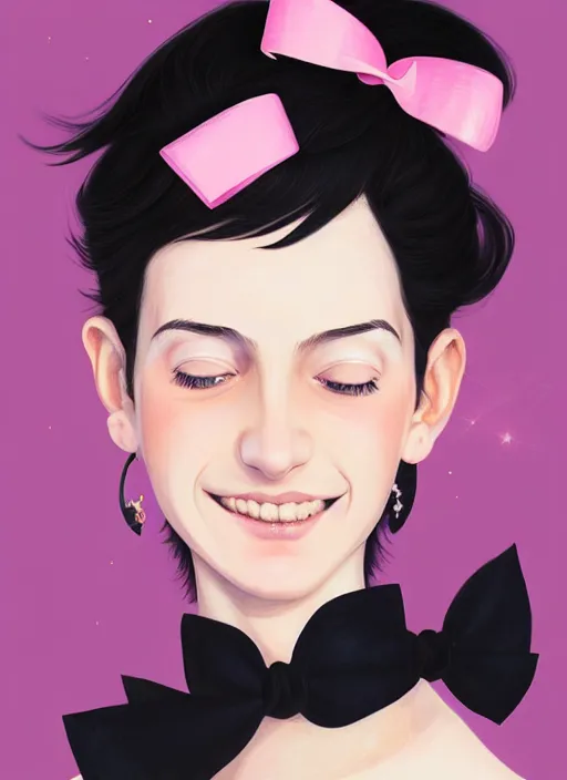 Image similar to portrait of teenage girl, realistic, black hair, bangs, half updo hairstyle, pointy nose, skinny, smile, ugly, defined jawline, big chin, pink hair bow, earrings, intricate, elegant, glowing lights, highly detailed, digital painting, artstation, sharp focus, illustration, art by wlop, mars ravelo and greg rutkowski