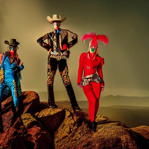 Image similar to photo, an ironic maximalist gaudy photoshoot featuring overly bright contrasting color bold print insane costumes inside a rocky western landscape, atmospheric lighting and haze, backlit, moody