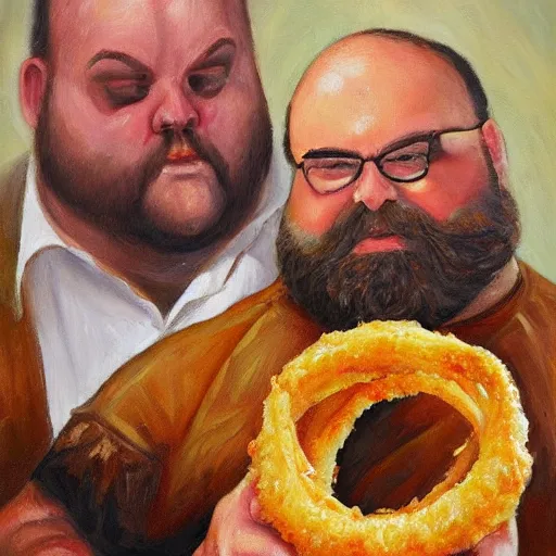 Image similar to a stack of onion rings, next to a fat bearded balding man, oil painting