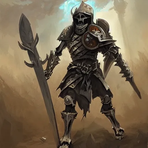 Prompt: skeleton knight with axe and shield, by greg rutkowski, magic the gathering