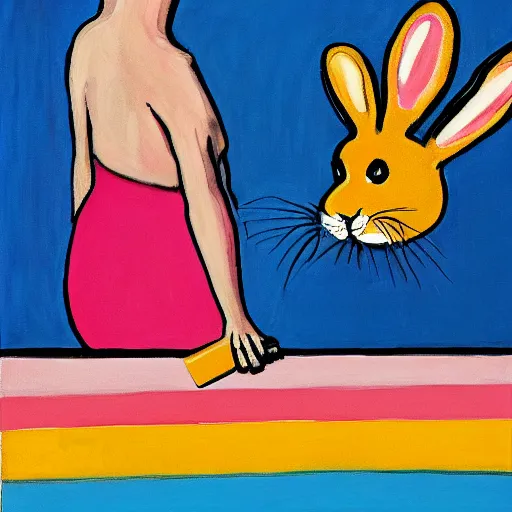 Prompt: A woman puking rainbow bunnies painted by Alice Neel