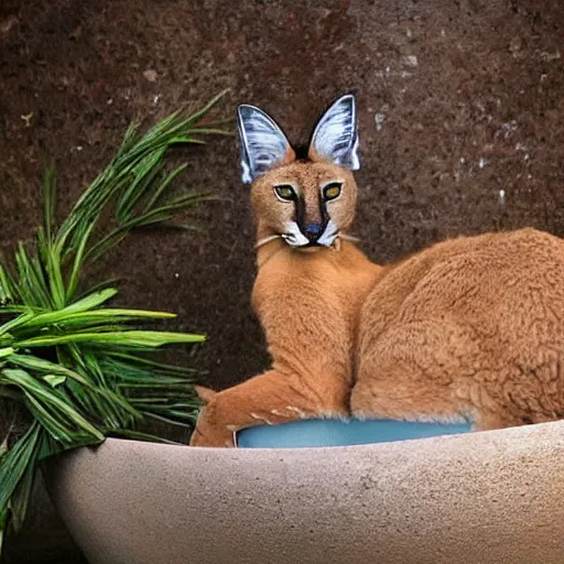 Image similar to Caracal sitting in a bathtub, Instagram photo