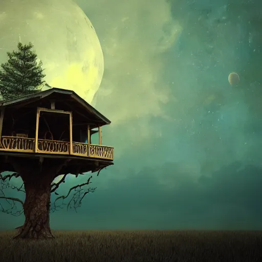 Image similar to an lone haunted treehouse on the moon, in a storm, golden hour, ray tracing reflection, 8k, hyper realistic, insanely detailed, hdr, octan render,