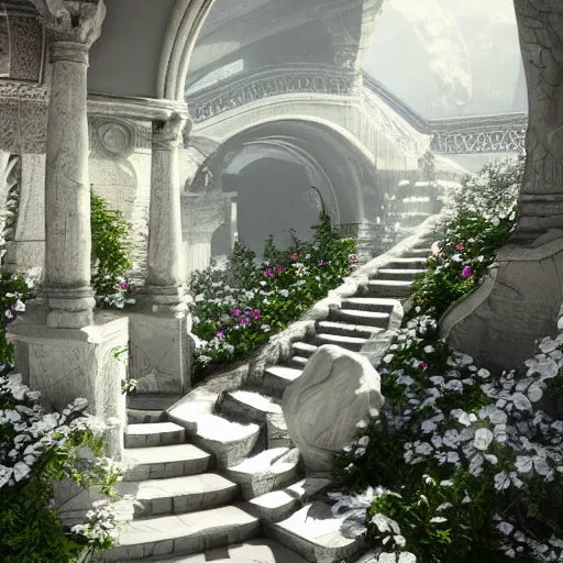 Prompt: stairways to heaven, white flowers, photorealistic, octane render, intricate detail, volumetric lighting, 8 k, unreal engine