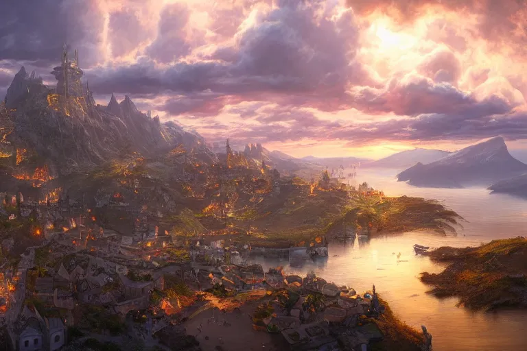 Image similar to high aerial shot, fantasy landscape, sunset lighting ominous shadows, cinematic fantasy painting, dungeons and dragons, a charming port town surrounded by gentle hills, harbor, bay by jessica rossier and brian froud