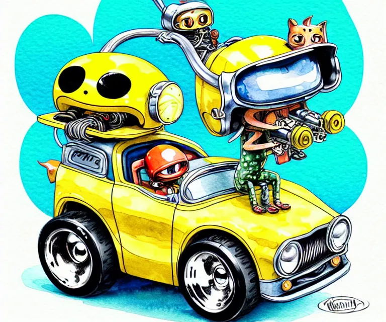 Image similar to cute and funny, margay wearing a helmet driving a tiny hot rod with an oversized engine, ratfink style by ed roth, centered award winning watercolor pen illustration, isometric illustration by chihiro iwasaki, edited by craola, tiny details by artgerm and watercolor girl, symmetrically isometrically centered