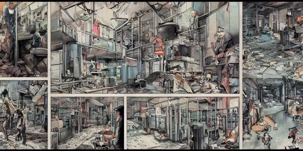 Prompt: full page comic book drawings of disturbing factory urbex scenes, urban hell on a hot summer night, bold color palette, high contrast, by carel willink and gregory crewdson, moebious, jean giraud, comic book panels, octane render, bewerk anime