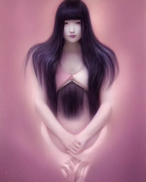 Prompt: touka a japanese woman, half body portrait, long black hair, smiling, female beauty, symmetrical face hyperrealism, backlit, pastel color gradients, by keathe butcher and joe fenton and greg rutkowski, soft lighting, soft shapes, gentle curves, sharp details