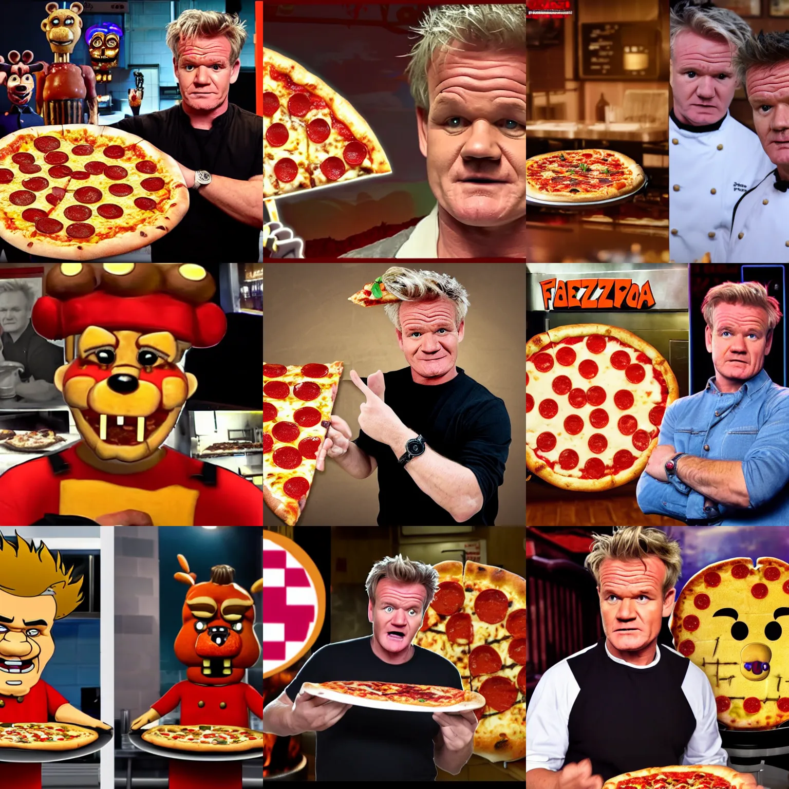 Prompt: Gordon Ramsey critiquing pizza at Freddy Fazbear\'s pizzeria, real-life photograph, picture, realistic, animatronics, scary, angry, raw