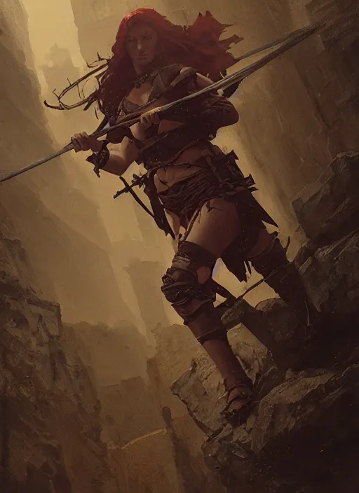 Image similar to hyper realistic photo of experienced medieval pit warrior girl, rule of thirds, conceptart, saturated colors, cinematic, greg rutkowski, brom, james gurney, mignola, craig mullins, artstation, cgsociety