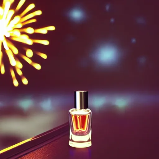 Image similar to perfume bottle on the window sill with fireworks and stars in the background