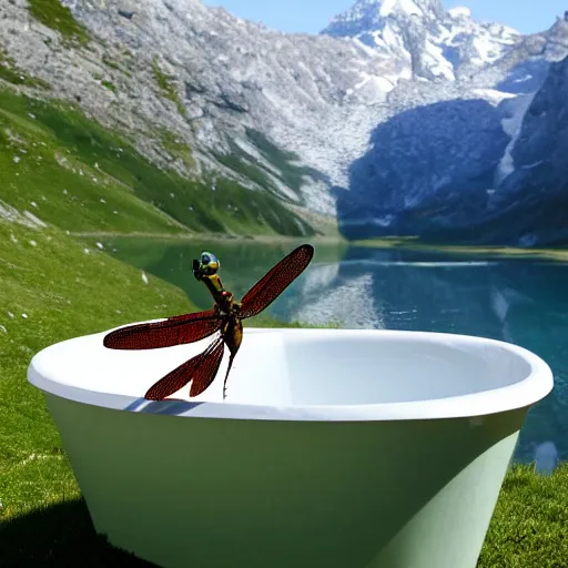 Prompt: dragonfly in a bathtub in the alps, libertine!! in background