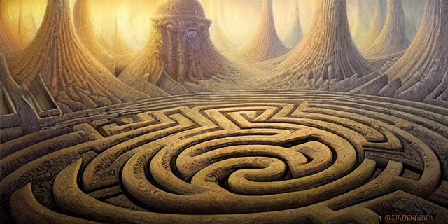 Image similar to painting of a labyrinth in the style of nebulapunk by dan seagrave and tomasz alen kopera