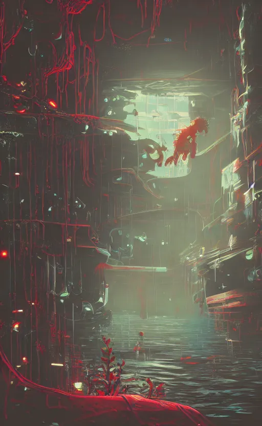 Image similar to soma game art style, drowning astronaut under water, red or blue plants, panic, hyperdetailed, hyperrealistic, cyberpunk style