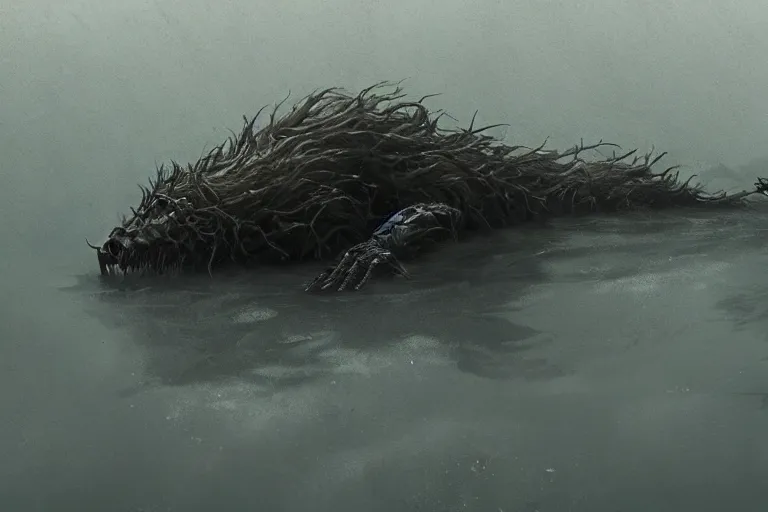 Prompt: a creepy monster crawling out of the water, seaweed haning from its arms, very long arms, very long fingers, standing in shallow water, drowned, unsettling, creepy, artstation, cgsociety