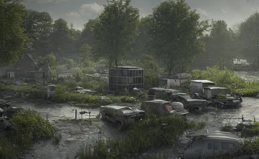 Image similar to rotterdam reclaimed by nature, a photorealistic painting by gregory crewdson, cgsociety, playstation 5 screenshot, matte painting, cryengine