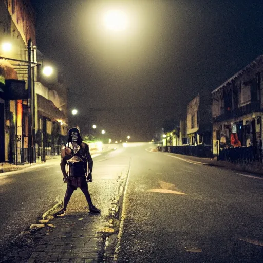 Prompt: empty street, inca warrior, portrait, at night, during storm, by addy campbell, cinematography by quetzalcoatl