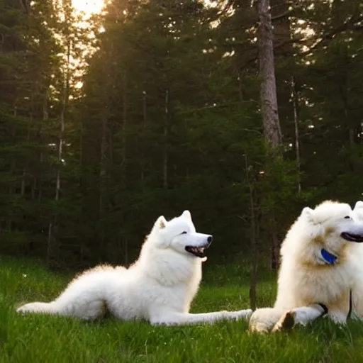 Image similar to samoyed camping, cinematic lighting,