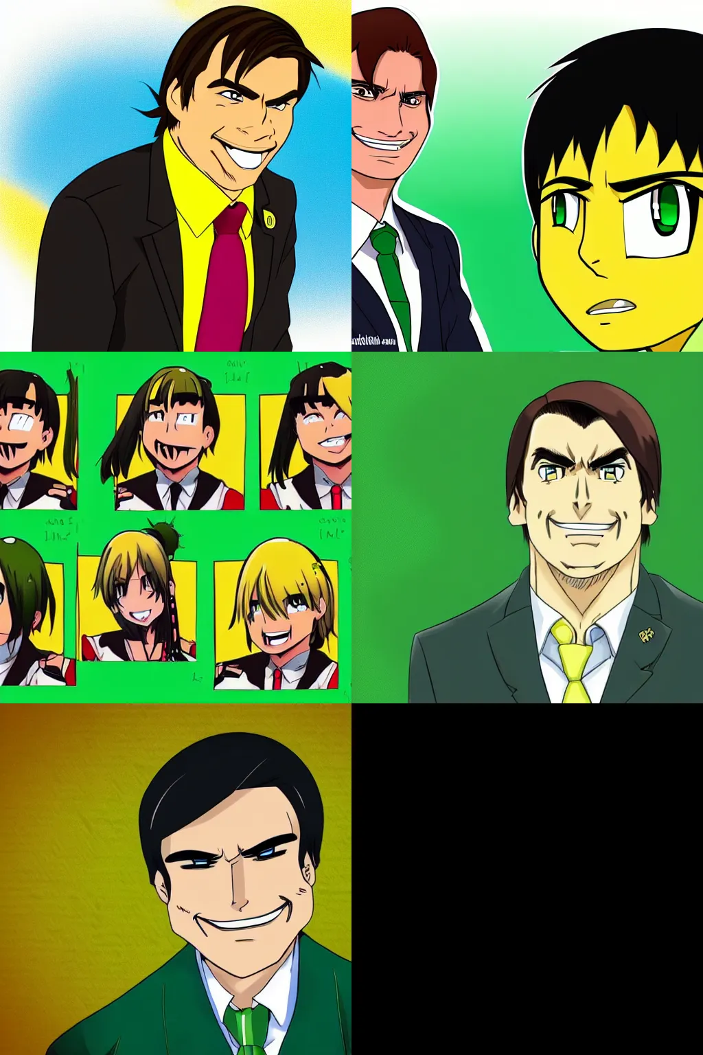 Prompt: jair bolsonaro smile, anime style, big eyes, anime, colorful, cute, green and yellow background, simple