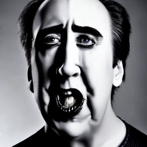 Prompt: uhd candid photo of nicholas cage made out of chickenwire. correct face, accurate face, exaggerated features, intricate details, intricate clown makeup, hyperdetailed, accurate face. photorealistic. photo by annie leibowitz