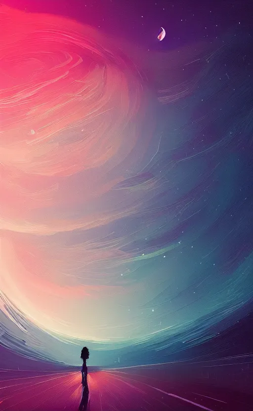 Prompt: a beautiful illustration of jupiter at night, art of alena aenami, featured on artstation, vertical orientation, paint brush strokes, expressionism, brushstroke - laden, breathtaking clouds, birds, ocean, beautiful stars, long exposure, big moon radius, airy midnight theme, blue purple gradient, lens flare