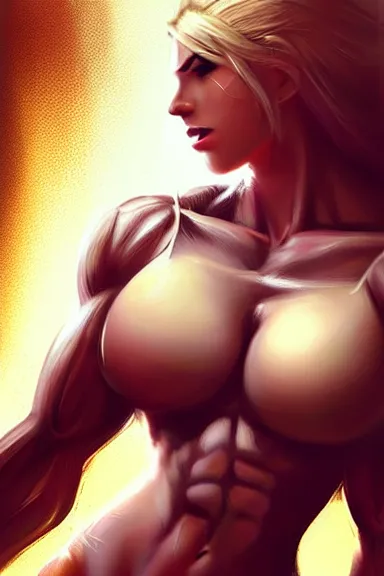 Prompt: hulkishly massive muscular ripped gorgeous woman, full body, artistic portrait, ross tran style