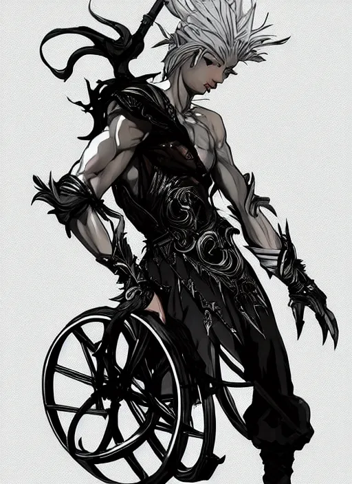 Image similar to Full body portrait of a frail elf in a wheelchair with silver hair and ornate robe. In style of Yoji Shinkawa and Hyung-tae Kim, trending on ArtStation, dark fantasy, great composition, concept art, highly detailed, dynamic pose.