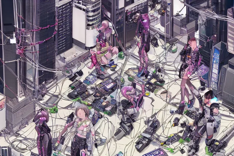 Prompt: a cyberpunk illustration of a group of four coherent cutely dressed female androids in style of masamune shirow, lying scattered across an empty, white floor with their bodies rotated in different poses and cables and wires coming out, by yukito kishiro and katsuhiro otomo, hyper-detailed, intricate, view from above, colorful