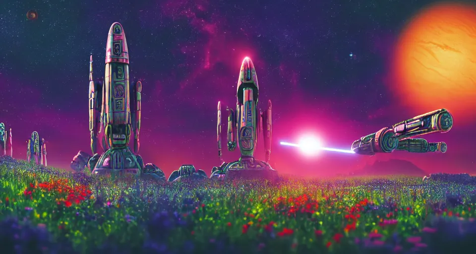 Prompt: a beautiful up close view of a mechanical mystical alien shrine in a field of multicolored colored flowers, underneath a star filled night sky, warm coloured, gigantic pillars and flowers, maschinen krieger, beeple, star trek, star wars, ilm, atmospheric perspective