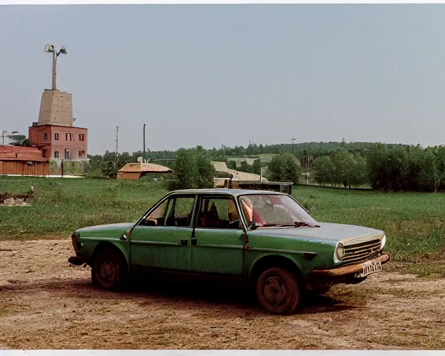 Image similar to a lomographic photo of old lada 2 1 0 7 standing in typical soviet yard in small town, hrushevka on background, cinestill, bokeh