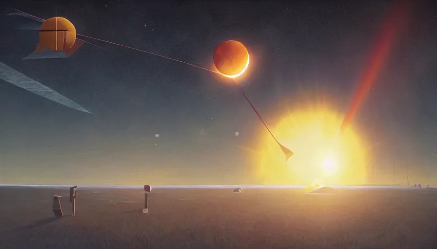 Prompt: solar sail floating in front of the sun in space, simon stalenhag