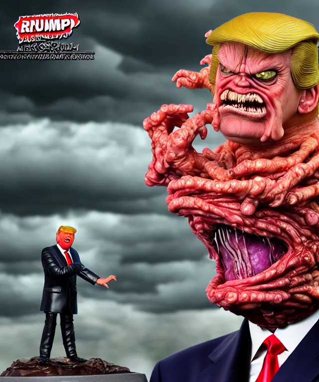 Image similar to hyperrealistic rendering, epic boss battle, cronenberg flesh monster donald trump, by art of skinner and richard corben, product photography, collectible action figure, sofubi, hottoys, storm clouds, outside, lightning